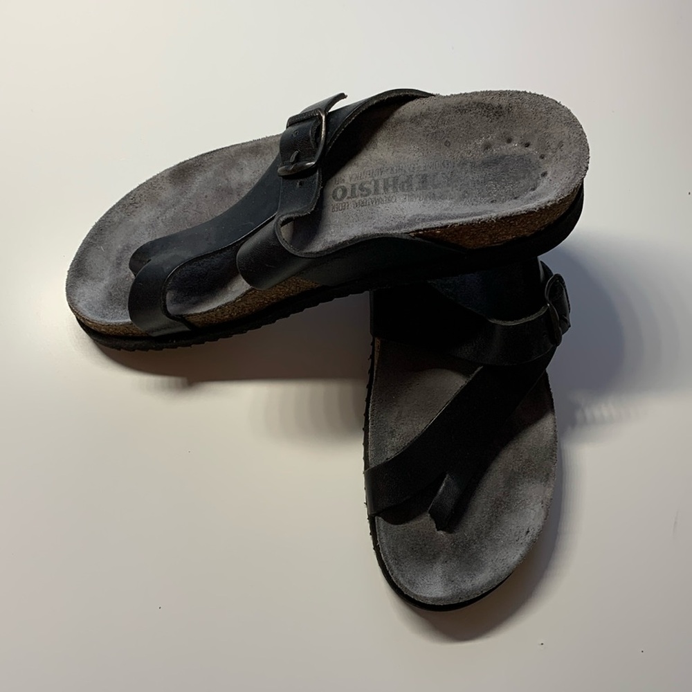 MEPHISTO Helen Slip-On Black Leather Sandals - Picture 2 of 6